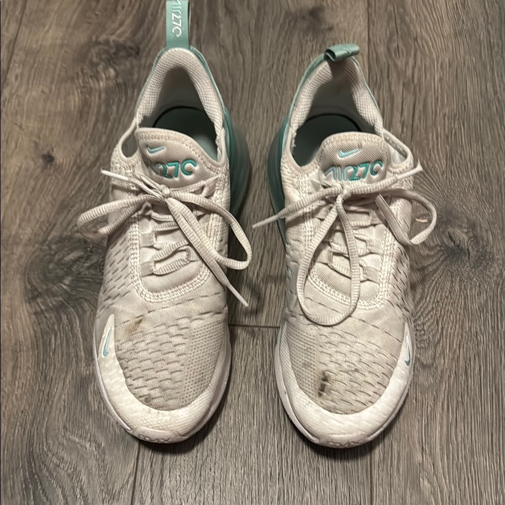 Nike Youth White and Teal Air Max 270s.
